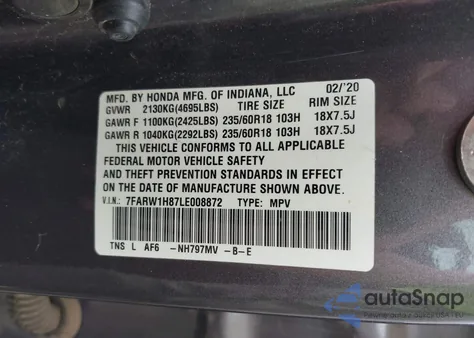 2020 Honda Cr-V 2Wd Ex-L z USA, uszkodzony, nr VIN 7FARW1H87LE008872